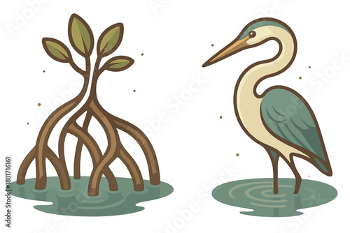 Stylized mangrove sapling with exposed prop roots and a wading heron standing in shallow water