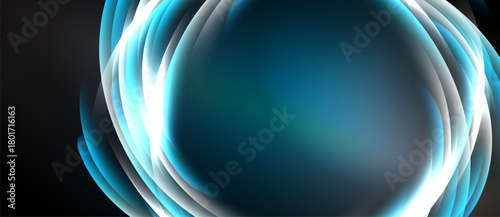 Abstract swirling lights create luminous circular form. Dark background emphasizes bright, flowing energy. Modern design element.