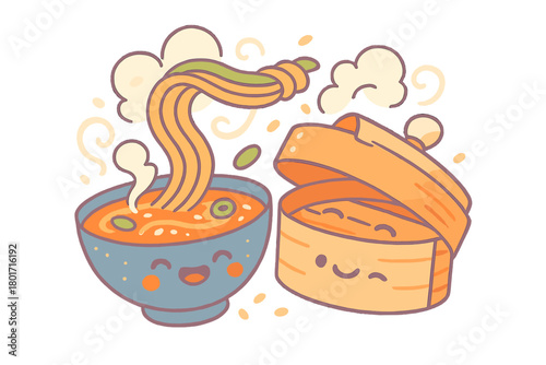 Steaming ramen bowl and bamboo steamer with cheerful faces