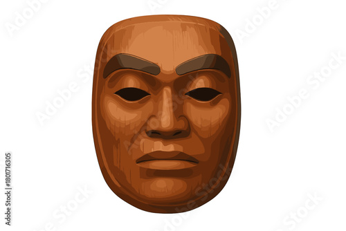 Traditional wooden theater mask with carved features and dark eyebrows