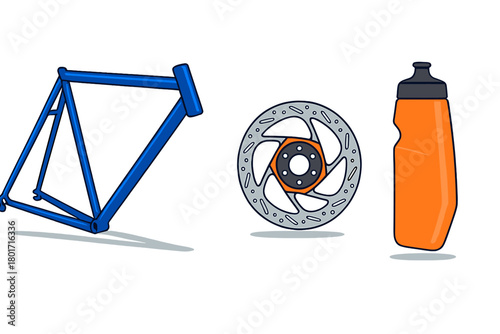 Collection of essential bicycle components including frame disc brake rotor and water bottle