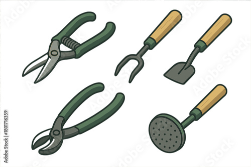 Essential gardening tools set including shears trowel fork and hand pruners