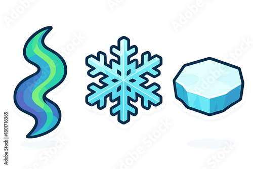 Set of cold weather and natural phenomenon icons presented as glossy stickers