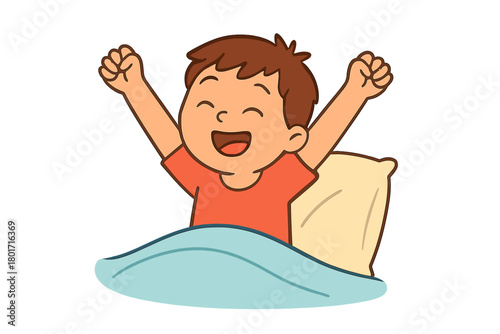 Happy child waking up stretching arms high above head in bed