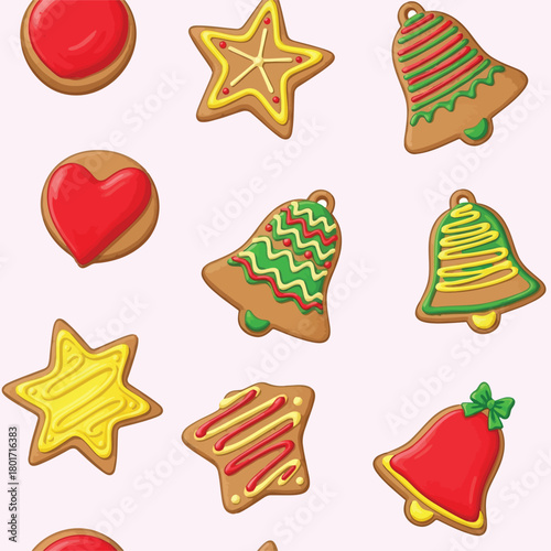 Christmas gingerbread cookies in heart star and bell shapes