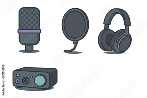 Studio recording equipment icons featuring microphone, headphones, and audio interface