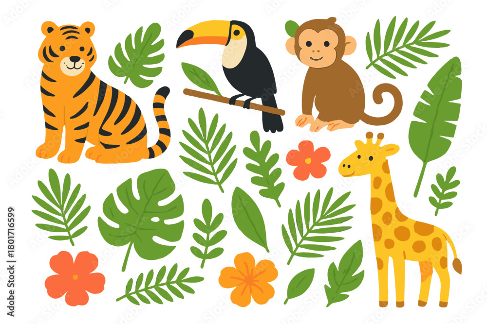 Naklejka premium Charming collection of jungle animals and lush tropical foliage for children