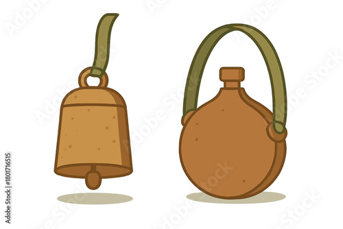 Hanging brass bell and canteen with strap isolated on white background