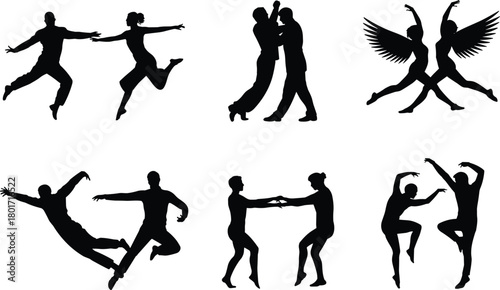 Collection of dancing couple silhouettes, dynamic partner dance poses, people jumping, ballet, tango, angels with wings, isolated vector set.