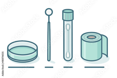 Collection of essential medical and laboratory diagnostic tools including swab, petri dish, and tape