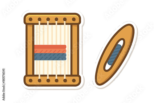 Wooden weaving loom frame with warp threads and shuttle carrying colored yarn for textile craft