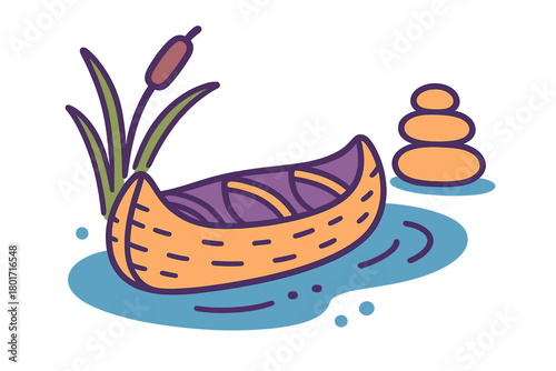 Orange canoe resting near stacked zen stones and marsh reeds