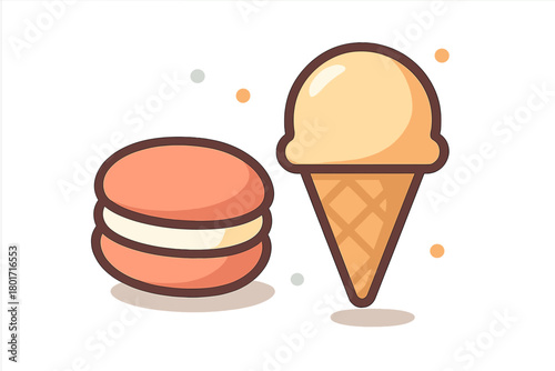 Sweet dessert icons with ice cream cone and macaron cookie shapes