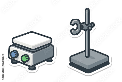 Essential laboratory equipment set: magnetic stirrer hot plate and retort stand with clamp
