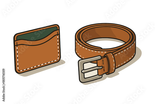 Brown leather card holder and coiled belt with silver buckle detail