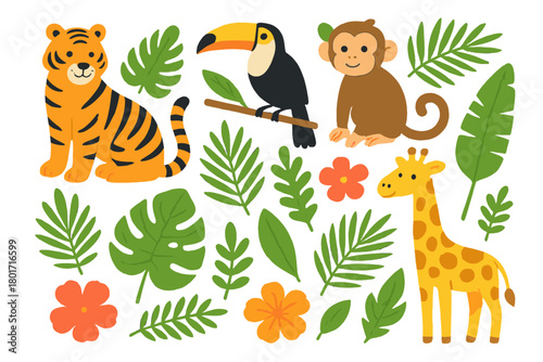 Charming collection of jungle animals and lush tropical foliage for children