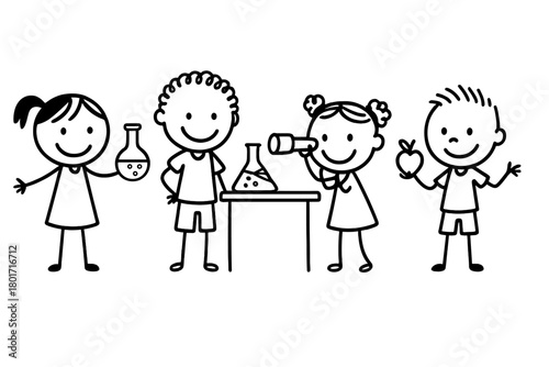 Cheerful stick figure children engaged in science and learning activities