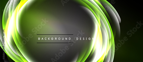Abstract glowing lines create circular design. Dark background emphasizes vibrant green, yellow hues. Modern aesthetic.