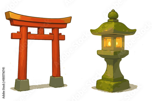 Traditional Japanese Torii gate and mossy stone lantern isolated on white background