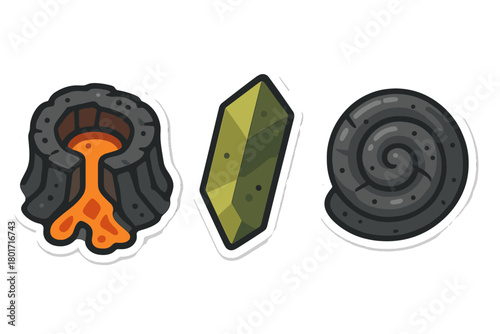 Three geological and natural history icons presented as stickers