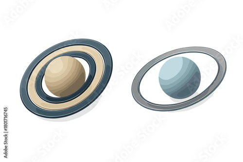 Stylized planets with orbital rings icons in muted color palette