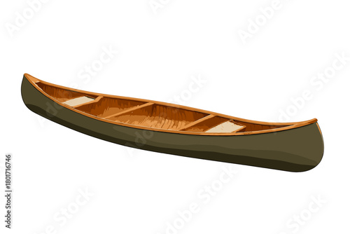 Traditional green canoe with wooden interior detail isolated on white background
