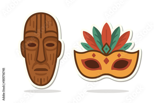 Decorative wooden tribal mask and colorful feathered carnival masquerade mask set