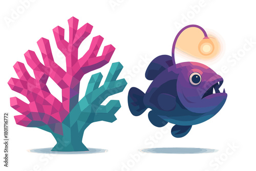 Stylized deep-sea anglerfish with glowing lure next to colorful geometric coral