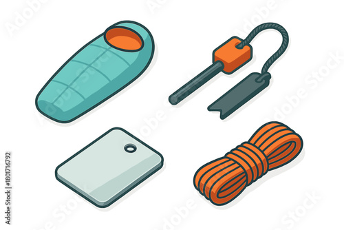 Isometric set of essential camping and survival gear with sleeping bag and rope