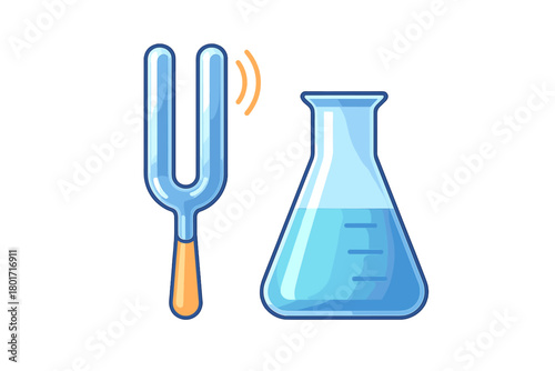 Vibrating tuning fork next to a conical flask with blue liquid for science concepts