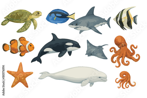 Watercolor Style Sea Creatures and Diverse Marine Animals Collection