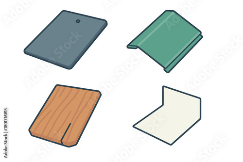 Isometric set of construction materials including slate tile, wooden shingle, folded metal sheet, and blank panel
