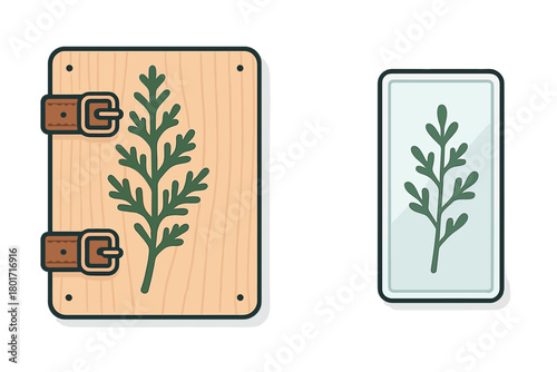 Minimalist design of a botanical field notebook cover featuring a green leafy sprig