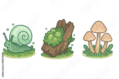 Cute cartoon forest elements set with snail, mossy log, and wild mushrooms
