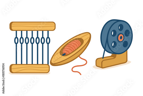 Traditional textile production tools set featuring a wooden shuttle and yarn spool