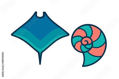 Colorful abstract ocean life symbols featuring a manta ray and a nautilus shell design