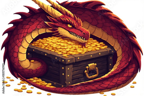 A red dragon curled around a dark wooden treasure chest overflowing with gold coins.
