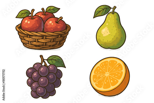 Fresh ripe fruits collection with red apples, green pear, purple grapes, and orange slice