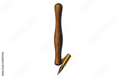 Traditional wooden dip pen with brass nib holder and metal calligraphy tip isolated on white background