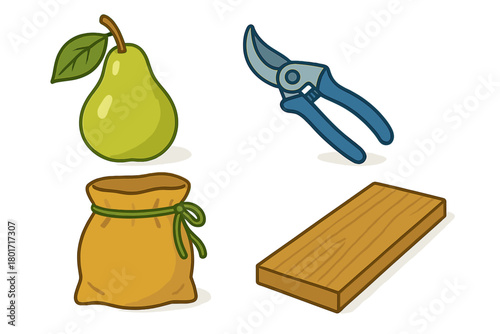 Fresh pear pruning shears sack and wooden plank for garden harvest