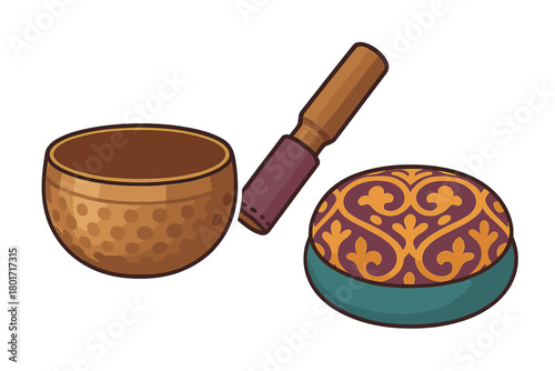 Bronze Tibetan singing bowl with wooden mallet and patterned cushion