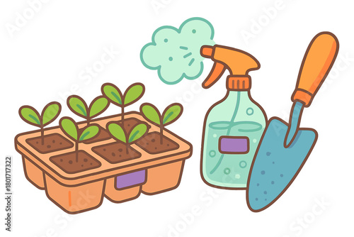 Seedling tray with sprouts watering can and garden trowel for planting