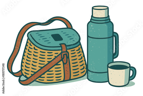 Woven creel thermos and coffee mug for outdoor activity