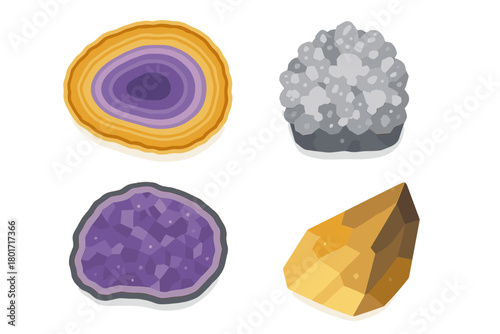 Natural crystals and gemstones assortment including agate, amethyst, quartz, and citrine