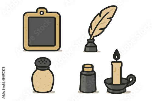 Vintage objects set including chalkboard, quill pen, inkwell, shaker, and burning candle