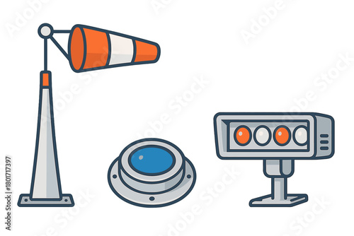 Essential airfield navigation tools showing windsock, taxiway light, and approach signal device