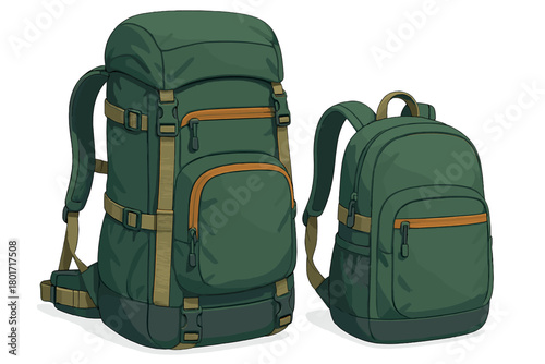 Large green hiking backpack and smaller daypack for travel or school isolated on white