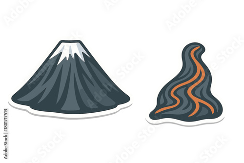 Dormant volcano mountain peak covered in snow and a separate stream of hot flowing lava