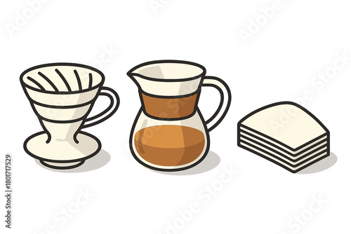 Manual pour-over coffee brewing set featuring a dripper, carafe, and stack of paper filters