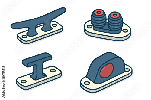Marine hardware elements including cleats and fairleads for boats and docks